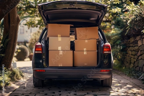 An open car trunk packed with moving boxes, suggesting the beginning or end of a moving process, with the surrounding environment hinting at a residential area photo