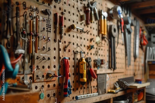 A custom organizer for tools using pegboards and various hooks photo