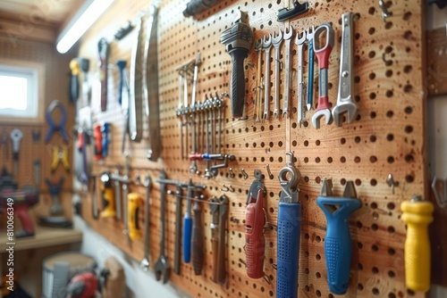A custom organizer for tools using pegboards and various hooks photo