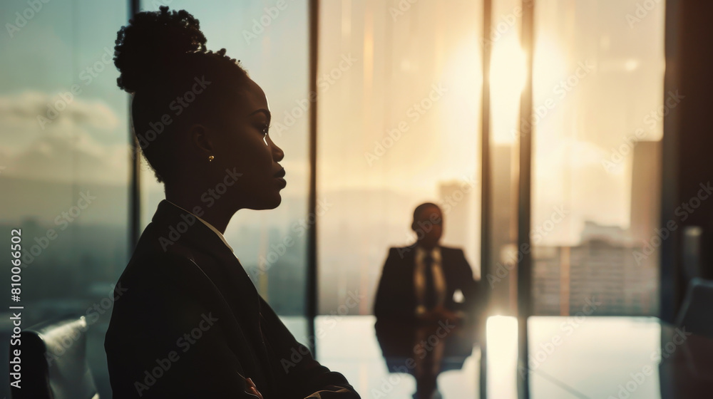 Stylish business woman stands by the window in a modern office. A beautiful African American woman in a meeting room looks out the window enjoying the sunset light. Business concept.