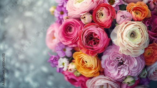  Pink-orange bouquet on gray background with blurry backdrop