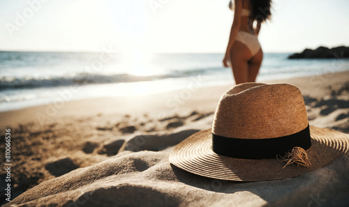 Straw hat in the beach sand, blurred woman looking at the sea and rests in the background in the sparkling summer sunshine. photo