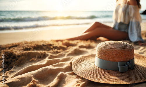 Straw hat in the beach sand, blurred woman looking at the sea and rests in the background in the sparkling summer sunshine. photo