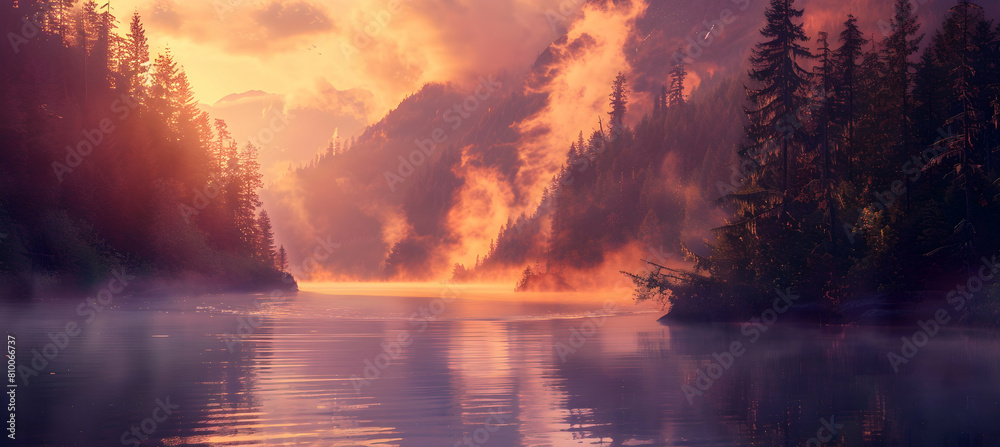 A vibrant sunrise over a forested watershed with mist rising off the water's surface, using a high dynamic range technique for enhanced color depth