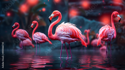 A group of flamingos standing gracefully in a serene jungle lake  their vibrant feathers reflecting in the water.