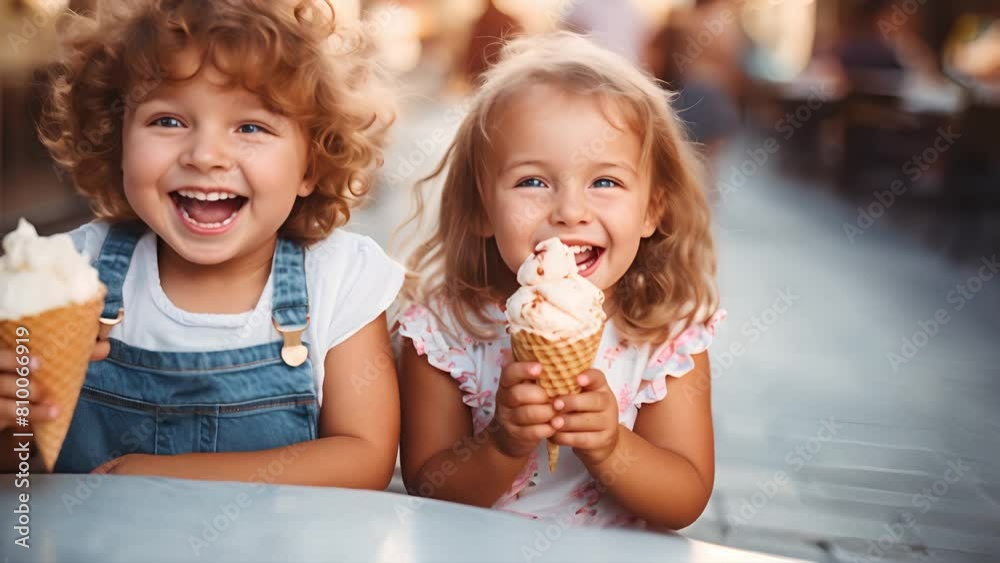 Happy two cute girls eating ice cream dessert in outdoor cafe Happy two cute girls eating ice cream dessert in outdoor cafe