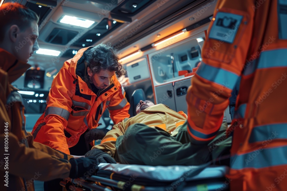 A group of people in orange jackets around a person on a stretcher. Suitable for medical or emergency services concepts A group of people in orange jackets around a person on a stretcher. Suitable for medical or emergency services concepts