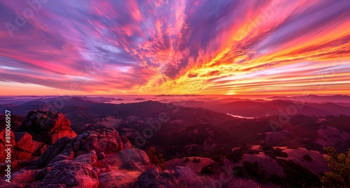 A vibrant sunrise with streaks of pink and orange light filtering through cumulus clouds, viewed from a high mountain peak © Muhammad