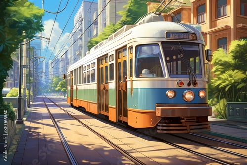 Illustrated city tram rides along the tracks on a bright, sunny day, lined with urban buildings
