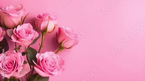 Wallpaper Mural Greeting background with freshly pink roses flowerson a pink background . Festive banner for birthday, mother's day, March 8, anniversary.Flat lay, top view. Copy space. Mock up Torontodigital.ca