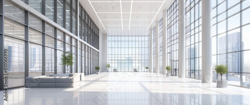 A large, empty, white room with a lot of windows and a few potted plants. The room is very open and spacious, with a lot of natural light coming in from the windows