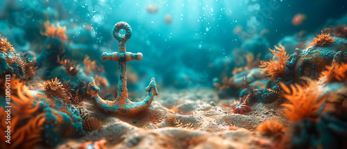 an oversized anchor partially submerged in the sand, with cartoonish sea creatures peeking out from behind it in a whimsical underwater world photo