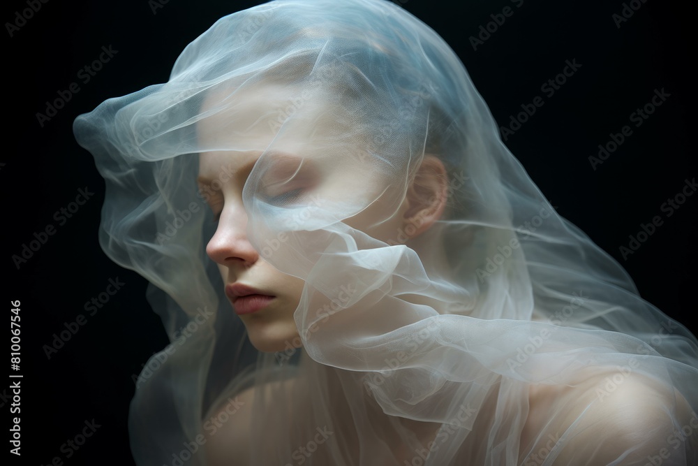 Fototapeta premium Tranquil portrait of a woman's face partially obscured by delicate, transparent material against a dark backdrop