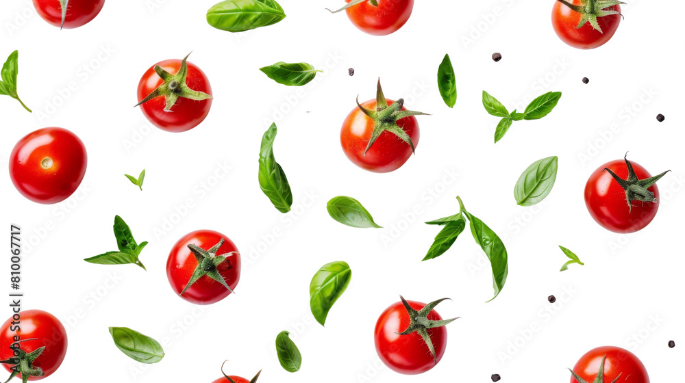 Cherry tomatoes with basil leaves cut out on white background , png transparent Cherry tomatoes with basil leaves cut out on white background , png transparent