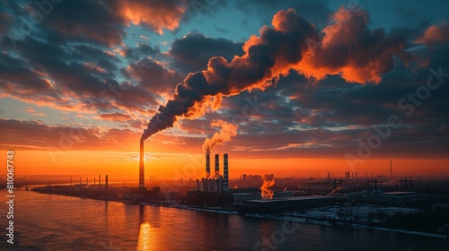 Dramatic sunset with smoke plumes rising from factory stacks by the river photo