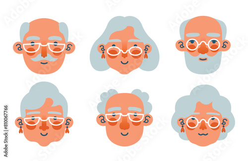 Set of cartoon portraits of old people. Isolated vector illustration of diverse senior characters. Cute avatars of old men and women in eyeglasses with different emotions. Grandfather and grandmother