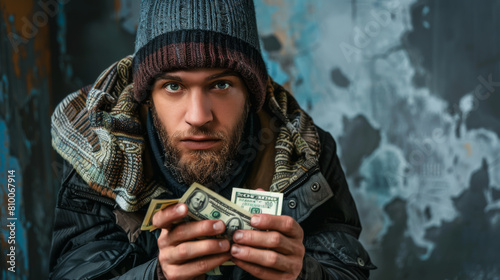 A homeless poor man holds money in his hands on the street. A poor man found a bill on the street. Poverty concept. photo