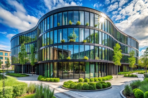 Modern urban ecology. Reducing carbon dioxide emissions in the city. An environmentally friendly stylish building with planted green plants to normalize the oxygen content in the air.