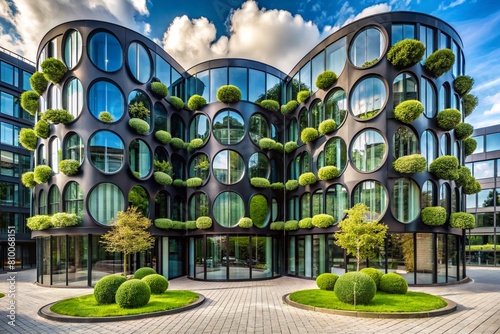 Modern urban ecology. Reducing carbon dioxide emissions in the city. An environmentally friendly stylish building with planted green plants to normalize the oxygen content in the air. photo