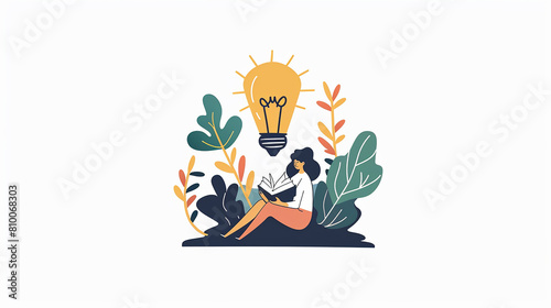 A white background with a person reading a book in the center. Above them, there is a person with a lightbulb symbolizing new ideas, illustrator cartoon style