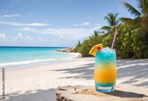 A tropical cocktail on a sandy beach with a turquoise ocean and blue sky in the background © aicha