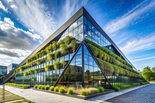Modern urban ecology. Reducing carbon dioxide emissions in the city. An environmentally friendly stylish building with planted green plants to normalize the oxygen content in the air. photo