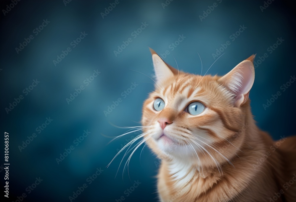 A cat with large, alert eyes and whiskers against a blurred blue background