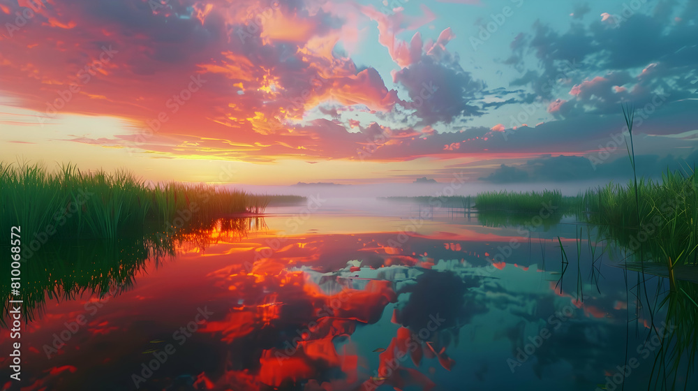 A wide-angle shot of a subtropical marshland at dusk, with vibrant sky colors reflected in the still water A wide-angle shot of a subtropical marshland at dusk, with vibrant sky colors reflected in the still water