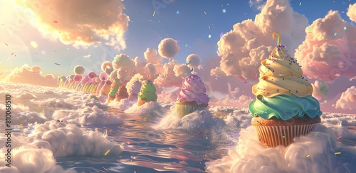 A whimsical scene of cartoon cupcakes sailing on a sea of cotton candy waves, their playful expressions and colorful frosting glistening in the warm sunshine