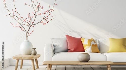 Bright hues pop in a minimalist Scandinavian living room. Colorful blooms on the wooden table and playful pillows accentuate the white backdrop. photo