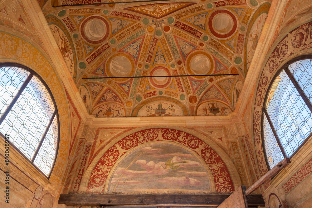 The ceiling of a Certosa di Pavia  Monastery is decorated with a variety of designs and patterns. Scene is one of reverence and awe, Pavia, Italy.