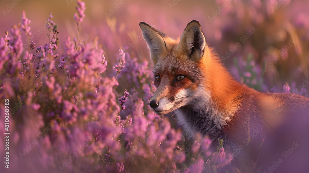 A wildlife scene with a fox hiding among the heather in a heathland, captured in the soft light of dawn A wildlife scene with a fox hiding among the heather in a heathland, captured in the soft light of dawn