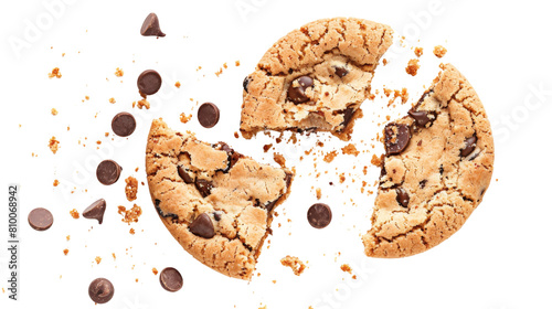 Broken chocolate chip cookie and crumbs cut out on white background, png transparent