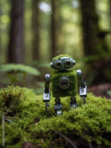 Nature's Companion, A Delightful Miniature Robot, Cloaked in Green Moss, Explores the Woods