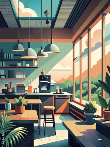 Modern Kitchen Interior with Nature View at Sunset