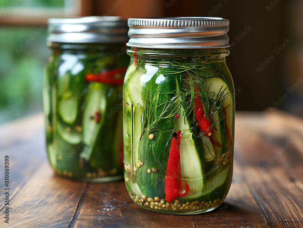 Homemade Pickles in Glass Jar. Crisp dill pickles with chili and spices in a sealed jar. Homemade Pickles in Glass Jar. Crisp dill pickles with chili and spices in a sealed jar.
