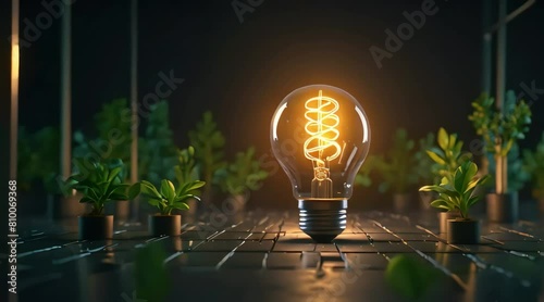 glowing plants growing on computer chip representing digital ecology business. One of Lightbulb glowing among shutdown light bulb in dark area with copy space for creative thinking , problem solving  photo