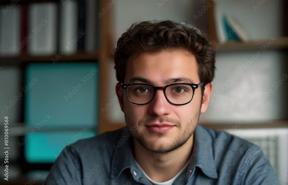 Young happy male wearing glasses, portrait of a man sitting on a table looking at the camera, handsome guy businessman entrepreneur smiling with shelf of books in the background generative AI Young happy male wearing glasses, portrait of a man sitting on a table looking at the camera, handsome guy businessman entrepreneur smiling with shelf of books in the background generative AI