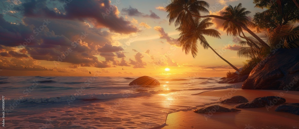 beach sea view palm trees Dawn sun