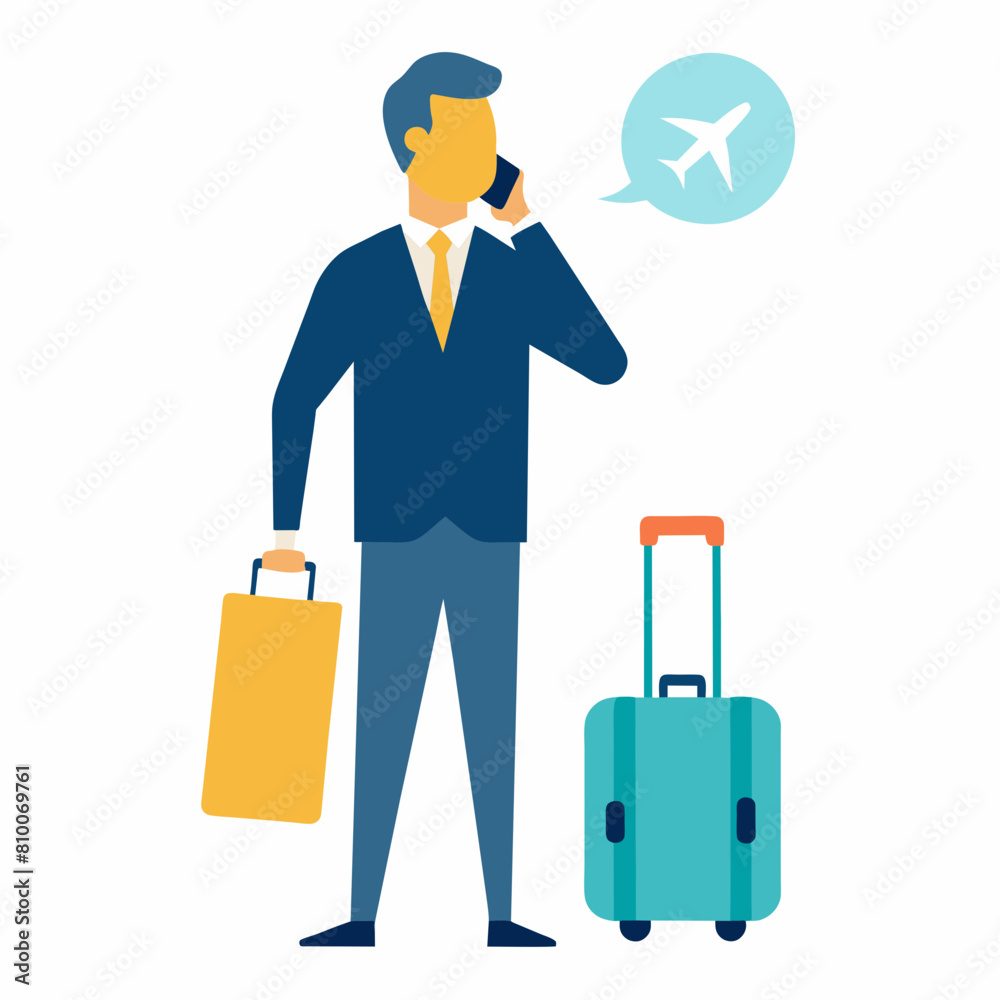 Obraz premium Vector illustration of a Businessman at the airport with luggage talking on the phone