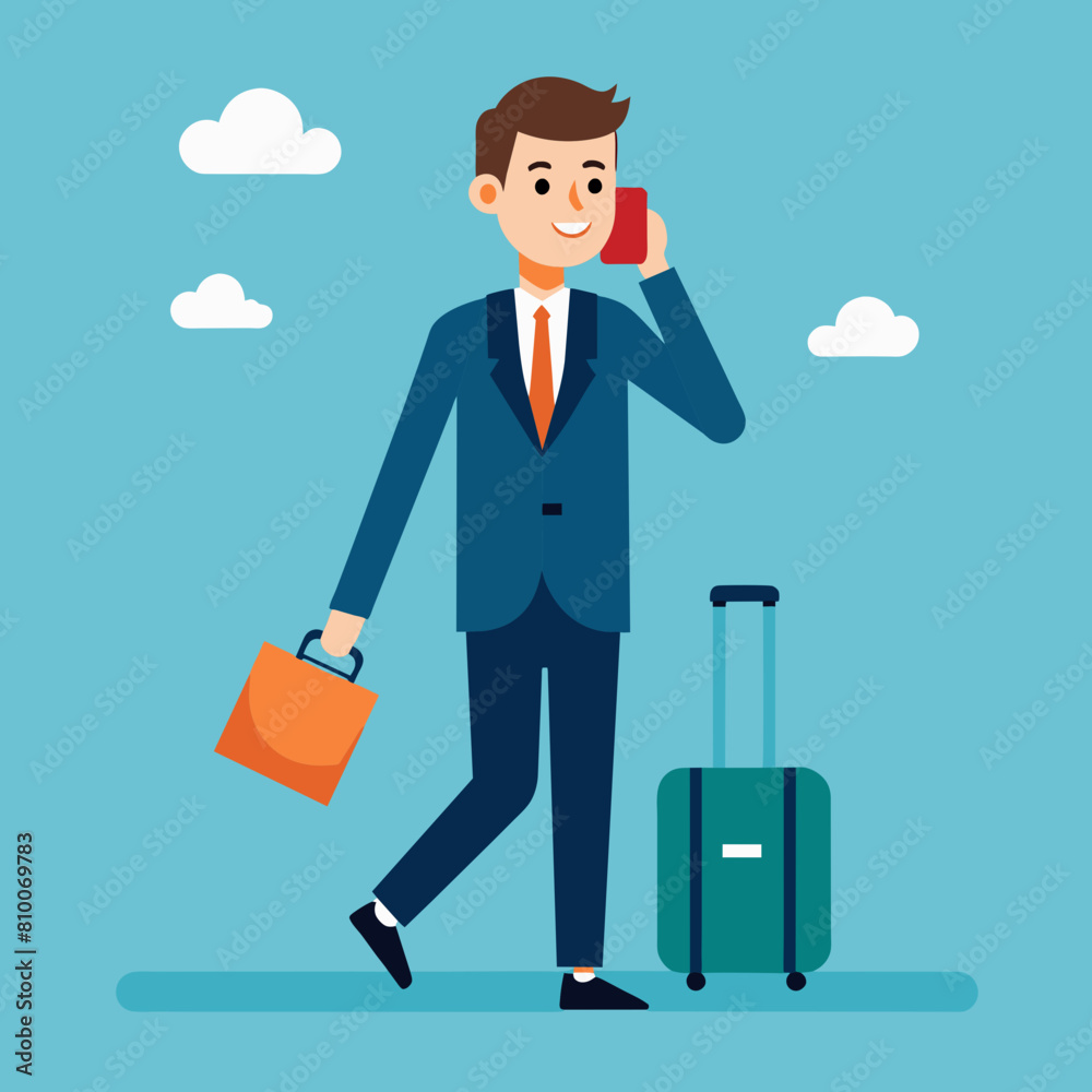 Vector illustration of a Businessman at the airport with luggage talking on the phone Vector illustration of a Businessman at the airport with luggage talking on the phone