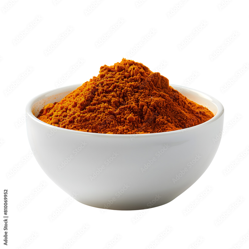 chili powder in a white bowl isolated on transparent background Generative Ai. chili powder in a white bowl isolated on transparent background Generative Ai.