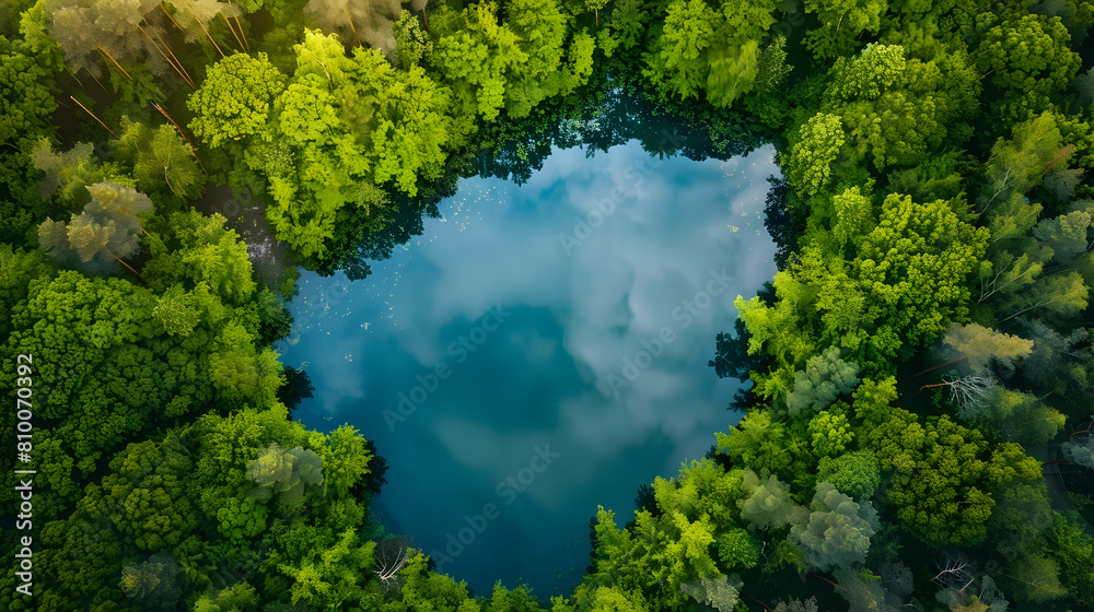 Aerial view of a natural aquifer in a forest, the water shimmering with reflections of lush green trees and clear skies Aerial view of a natural aquifer in a forest, the water shimmering with reflections of lush green trees and clear skies