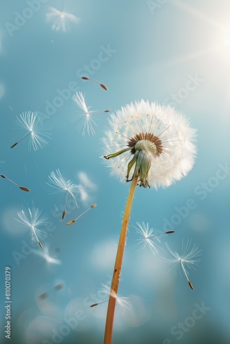 Dandelion with flying seeds  against a blue sky background