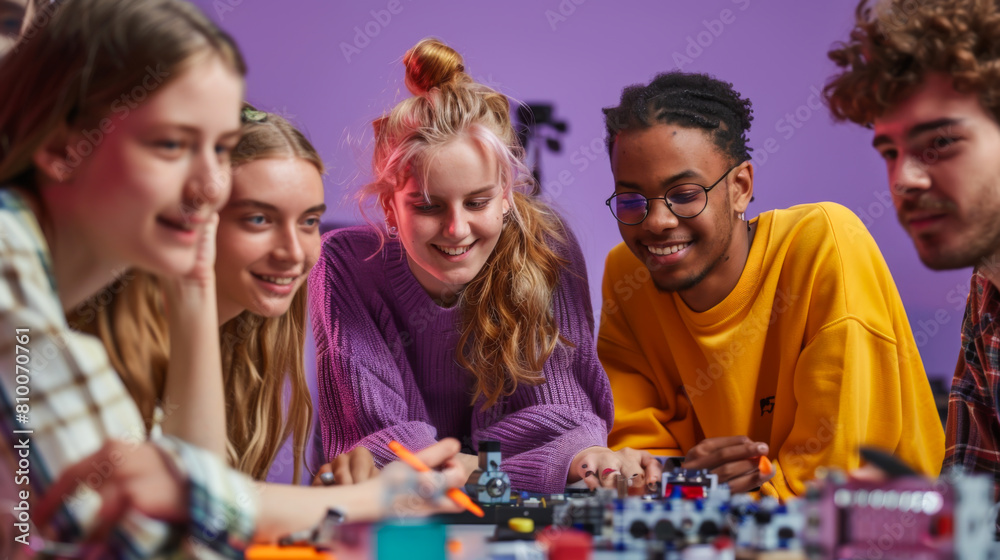 Group of happy students working on a project on a lilac background. Young teenagers having fun together indoors. Education concept. Group of happy students working on a project on a lilac background. Young teenagers having fun together indoors. Education concept.
