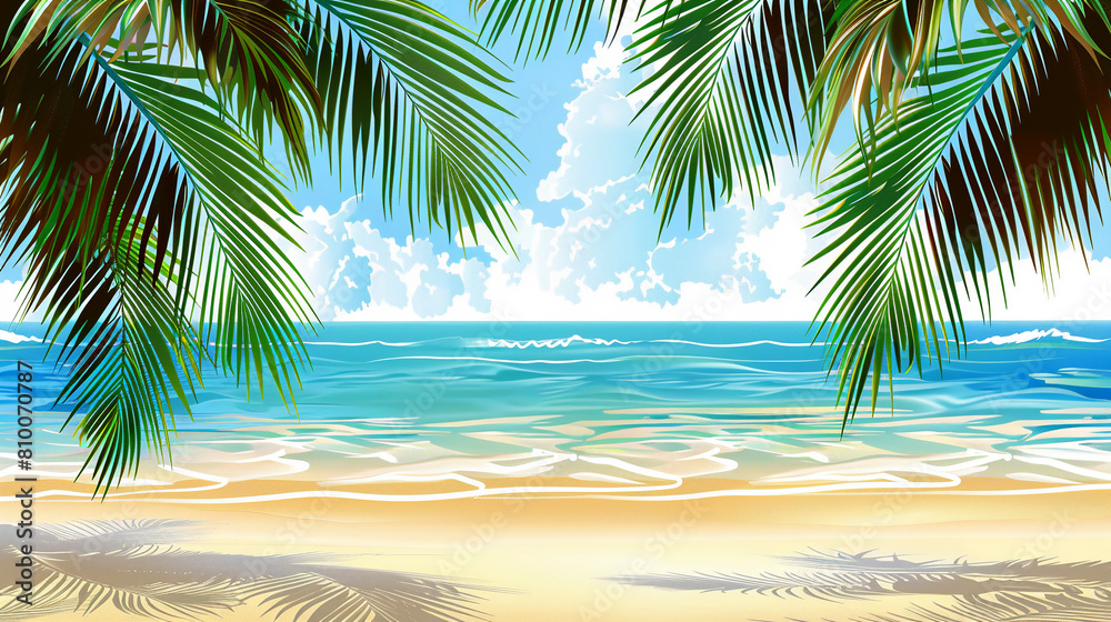 Summer vacation backdrop with green palm leaves against tropical beach. Banner design. Copy space.