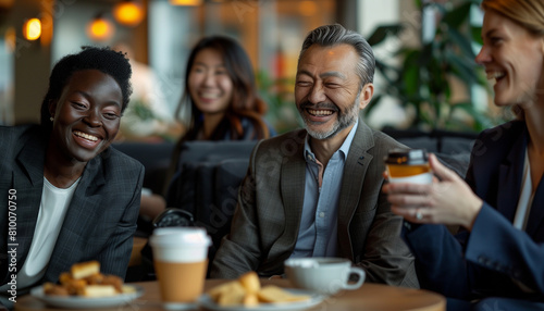 capturing an informal moment as a diverse team shares coffee and snacks in a lounge area  their expressions relaxed and happy  Diverse team  businesspeople  multicultural people  w