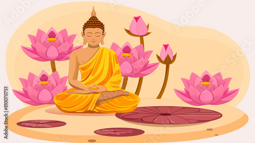 Buddha among pink lotuses on a beige background. Buddhist holiday concept. Happy Vesak Day. Buddha Purnima. Copy space.