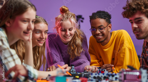 Group of happy students working on a project on a lilac background. Young teenagers having fun together indoors. Education concept.