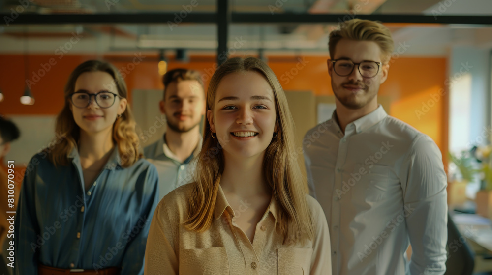 Young employees working together in a modern office. Happy men and women in office clothes posing in the hallway on a sunny day. Teamwork concept. Young employees working together in a modern office. Happy men and women in office clothes posing in the hallway on a sunny day. Teamwork concept.